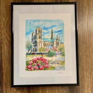 Beautiful Framed Artist Signed Vintage Print of Notre-Dame Cathedral in Paris